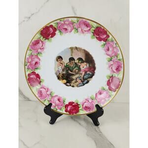 Schumann Wall Decor Plate Bowl Pink Roses Arzberg Bavaria 11 3/4" Gold Trim Vtg